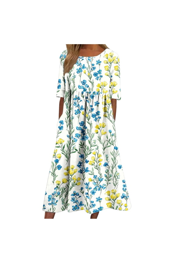 Women's Short Sleeve Printed Round Neck Maxi Dress Pull On Lightweight Beach Casual Wear Loose Floral Pattern Flowy Style Sky Blue S