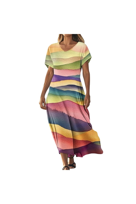 Women's Short Sleeve Printed V Neck Maxi Dress Pull On Breathable Beach Casual Wear Loose Pattern Soft Comfortable Design Multicolor XXL