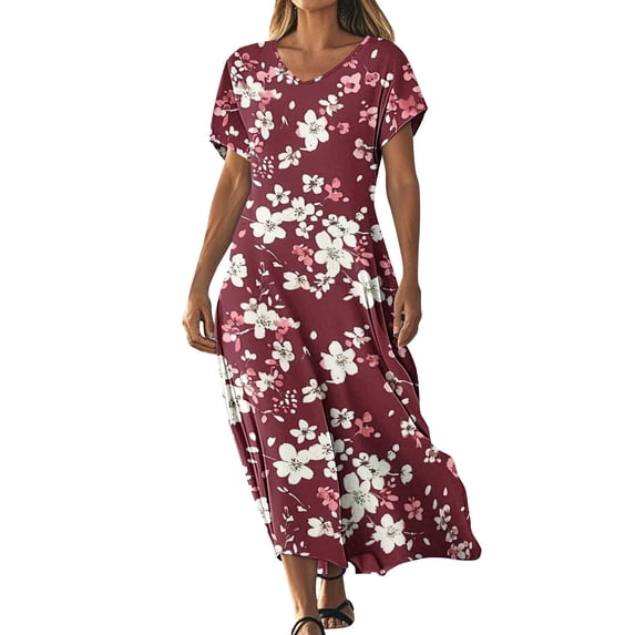 GNFQXSS Women's Short Sleeve Printed V Neck Maxi Dress Pull On Breathable Beach Casual Wear Loose Pattern Soft Comfortable Design Wine S