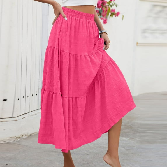 GNFQXSS Women's Summer Casual Elegant Smock Layered Tiered Maxi Skirt High Waisted A Line Flowy Long Skirts with Pockets Hot Pink S