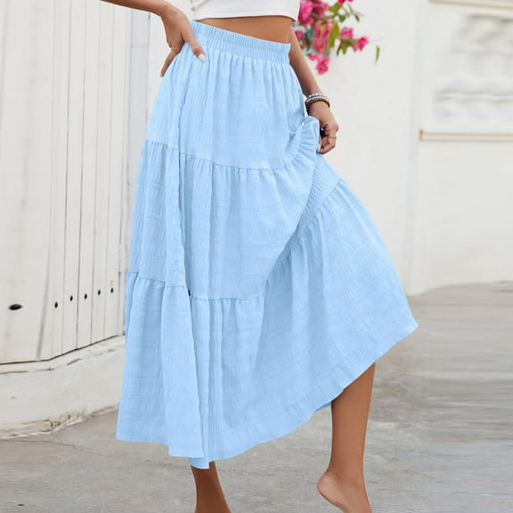 GNFQXSS Women's Summer Casual Elegant Smock Layered Tiered Maxi Skirt High Waisted A Line Flowy Long Skirts with Pockets Light Blue L