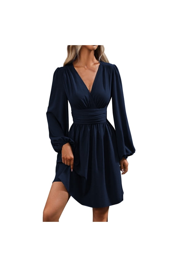 Women's V-neck Solid Color Dress Sleeves Pleated Waist High Elasticity Casual Daily Wear Comfy Stylish Long Skirt Dark Blue S