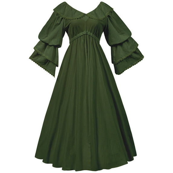 GNFQXSS Women's Vintage Long Sleeve Ruffled Tiered Sleeve Maxi Dress Style Elegant Dress for Themed Parties & Historical Events Green S