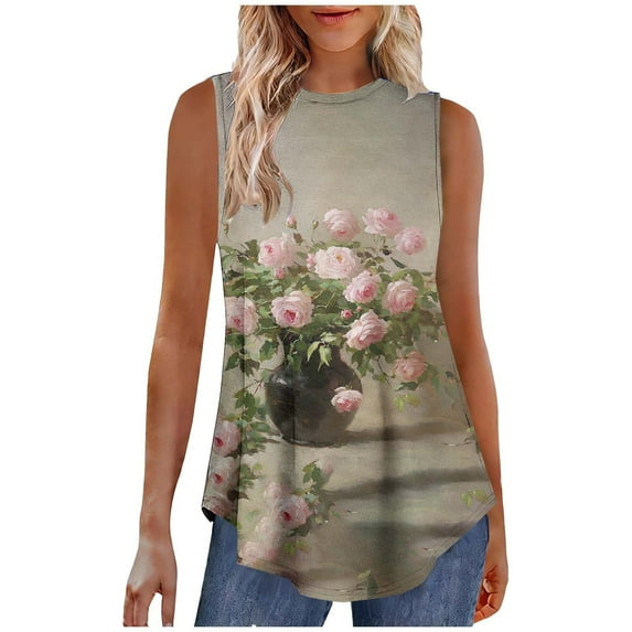 GNFQXSS Womens Crew Neck Tank Top Tie Print Sleeveless Blouse Breathable Summer Beach Top Khaki S
