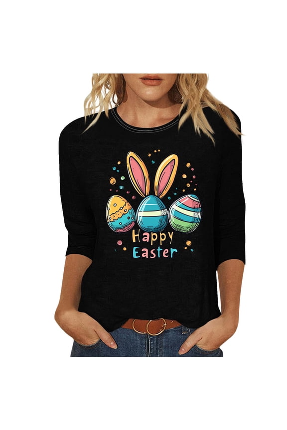 Womens Easter Shirt Classic Crew Neck Pull On Lightweight Tee Butterfly Bunny Egg Graphic Top For Holiday Gathering Casual Outing Black XL