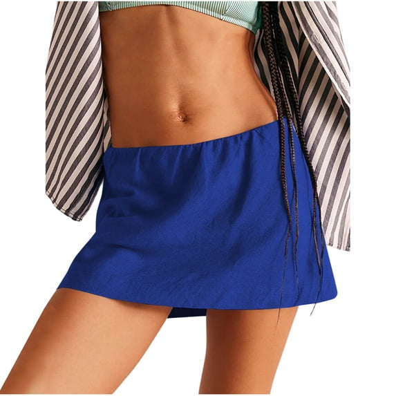 GNFQXSS Womens Linen Skorts Casual Cute A-Line Mini Skirts with Ruffle Inner Waistband Blue L