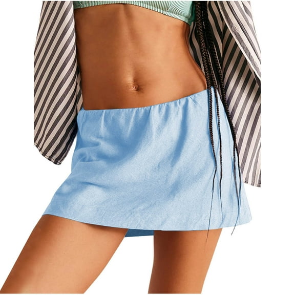 GNFQXSS Womens Linen Skorts Casual Cute A-Line Mini Skirts with Ruffle Inner Waistband Light Blue M