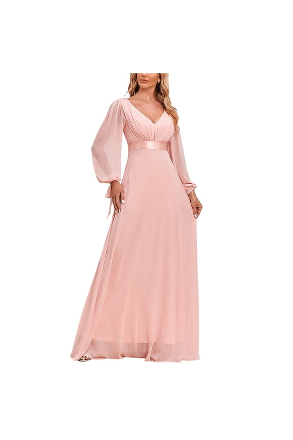 Womens Solid Color Dress Long Sleeves Double V-neck Elastic Waist Aline Evening Dress Fashionable for Parties Daily Wear Comfy Elegant Pink L