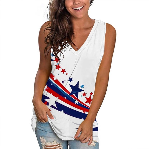 GNFQXSS Womens V Neck Tank Top American Print Loose Sleeveless Blouse Lightweight Flowy Patriotic Party Top Multicolor M
