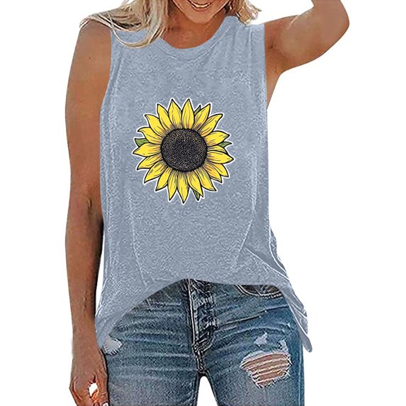GNFQXSS Womens V Neck Tank Top Sunflower Print Sleeveless Top Casual Soft Breathable Daily Vacation Top Gray M