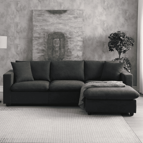 GNIXUU 100.4" Modular Sectional Cloud Couch , Modern Convertible L Shaped Couches Set with Ottoman, 4 Seater Polyester Fabric Sofa with 2 Pillows for Apartment Office,Living Room,Black