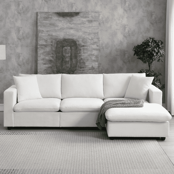 GNIXUU 100.4" Modular Sectional Cloud Couch , Modern Convertible L Shaped Couches Set with Ottoman, 4 Seater Polyester Fabric Sofa with 2 Pillows for Apartment Office,Living Room,White