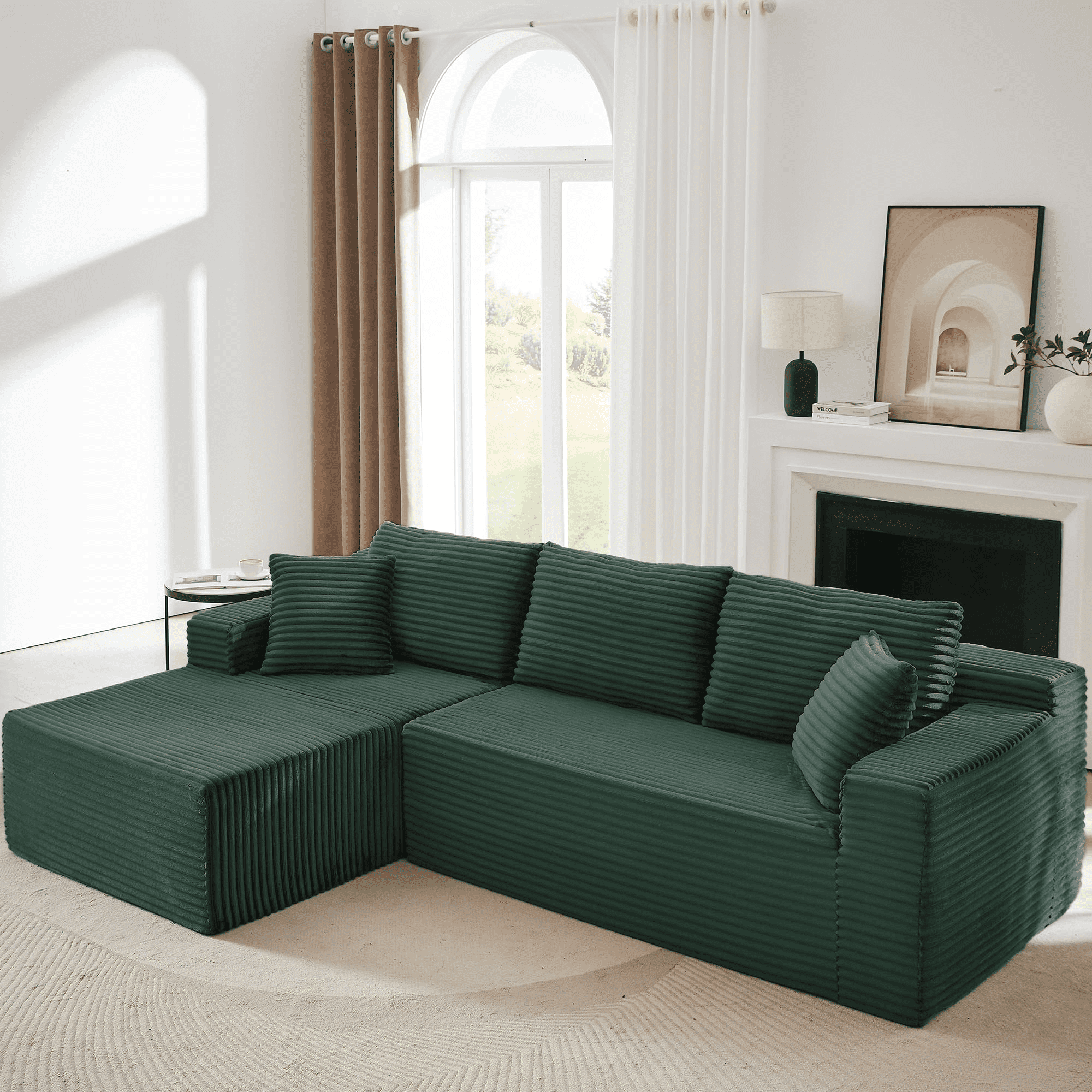 GNIXUU 103” W Corduroy Boneless Couch, L-Shaped Sectional Sofa with Left Facing Chaise, Comfy Memory Foam Cloud Compression Couches for Living Room Home Office, No Assembly,Green