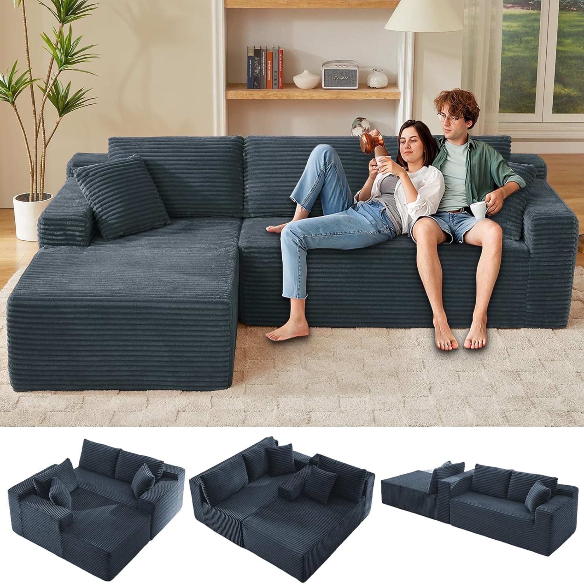 GNIXUU 103” W Corduroy Boneless Couch, L-Shaped Sectional Sofa