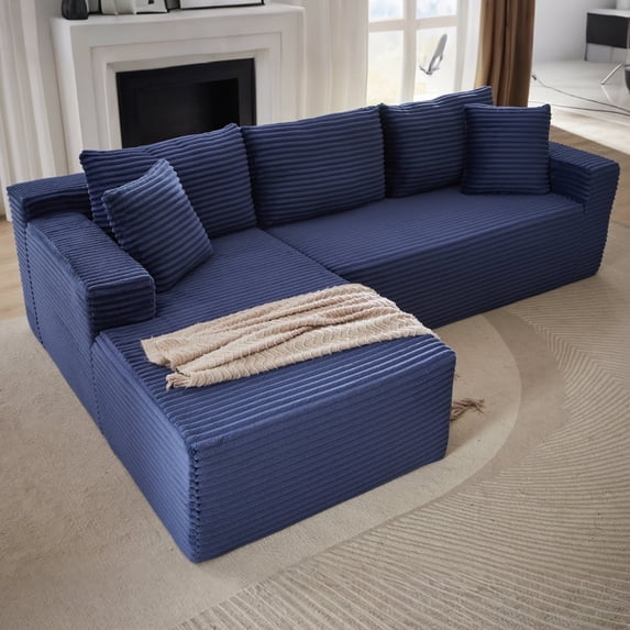 GNIXUU 103” W Corduroy Boneless Couch, L-Shaped Sectional Sofa with Left Facing Chaise, Comfy Memory Foam Cloud Compression Couches for Living Room Home Office, No Assembly,Blue