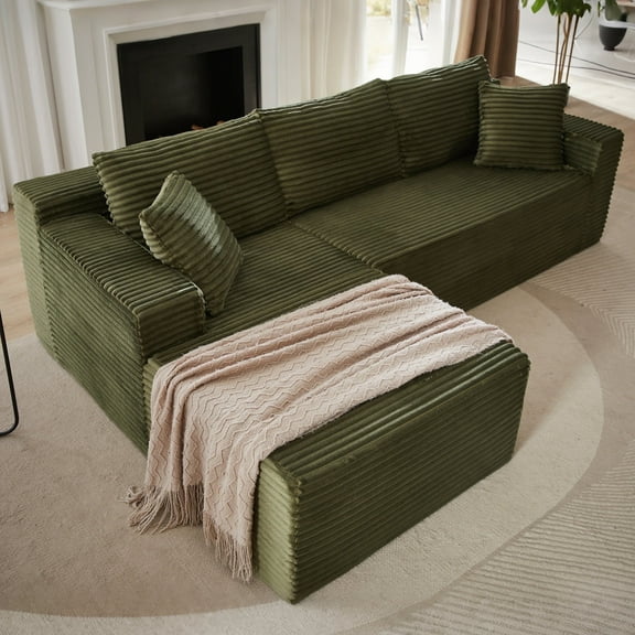 GNIXUU 103” W Corduroy Boneless Couch, L-Shaped Sectional Sofa with Left Facing Chaise, Comfy Memory Foam Cloud Compression Couches for Living Room Home Office, No Assembly,Green