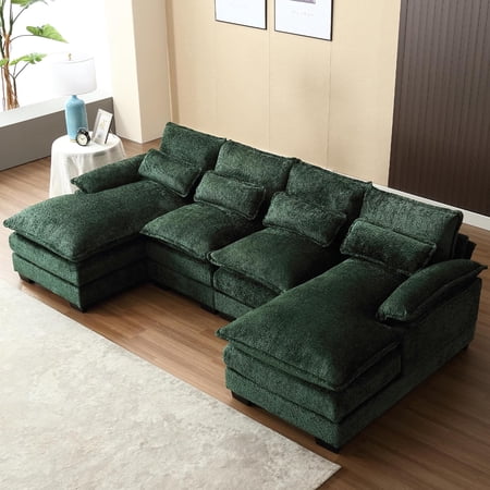 GNIXUU 110" Sectional Sofa Cloud Couch for Living Room, Modern Chenille U Shaped Couch, Comfy Modular Sofa Sleeper with Double Chaise & Memory Foam for Apartment(Emerald Green)