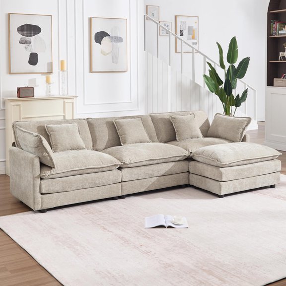 GNIXUU 111" L-Shaped Modular Cloud Sectional Sofa , 3 Seater with Movable Ottoman, Deep Seat, Washable Pillow Covers, Comfy Chenille Fabric for Living Room,Camel