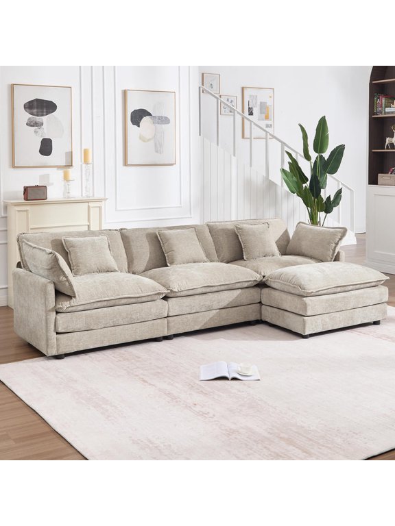 111" L-Shaped Modular Cloud Sectional Sofa , 3 Seater with Movable Ottoman, Deep Seat, Washable Pillow Covers, Comfy Chenille Fabric for Living Room,Camel