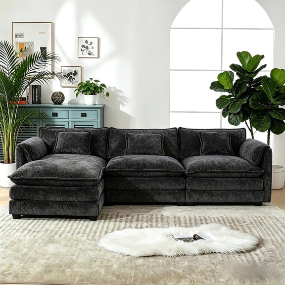 GNIXUU 112.2" L-Shaped Sectional Sofa Cloud Couch, Oversized Modular Couches with Movable Ottoman, 4 Seat Chenille Deep Seat Sofa Set with Cushion & Pillows for Living Room,Black