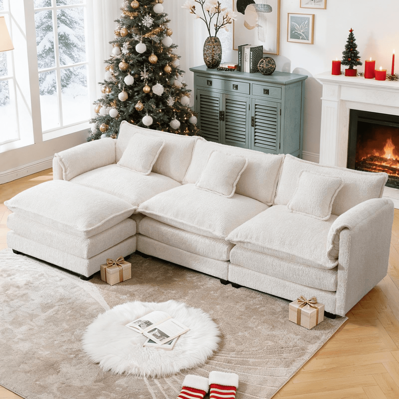 GNIXUU 112" Oversized Sectional Sofa Cloud Couch for Living Room, Modern Chenille L Shaped Couch, Comfy Boucle Modular Sofa Sleeper with Moveable Ottoman & Memory Foam (Beige)