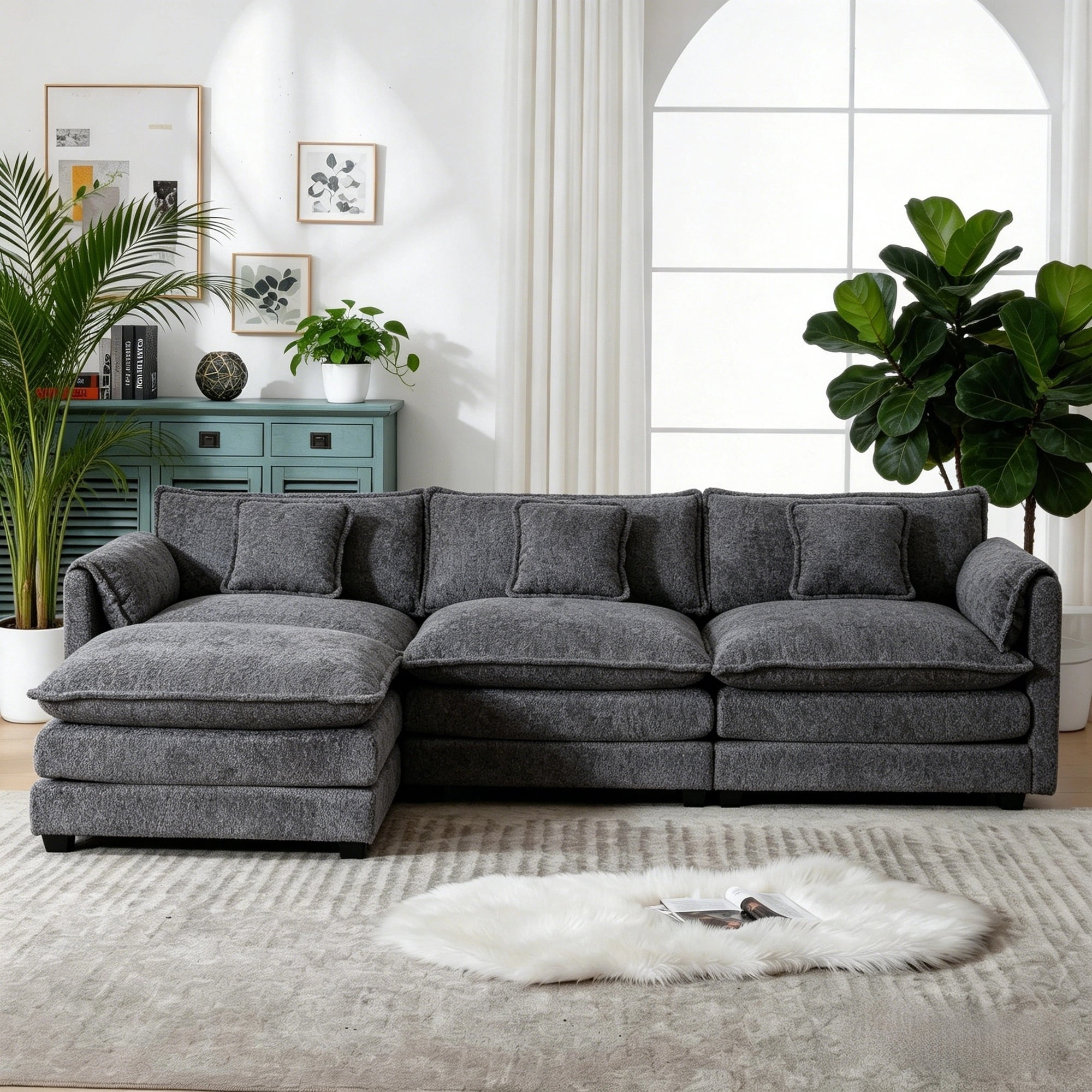 GNIXUU 112" Oversized Sectional Sofa Cloud Couch for Living Room, Modern Chenille L Shaped Couch, Comfy Boucle Modular Sofa Sleeper with Moveable Ottoman & Memory Foam (Gray)