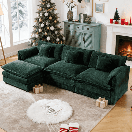 GNIXUU 112" Oversized Sectional Sofa Cloud Couch for Living Room, Modern Chenille L Shaped Couch, Comfy Boucle Modular Sofa Sleeper with Moveable Ottoman & Memory Foam (Green)