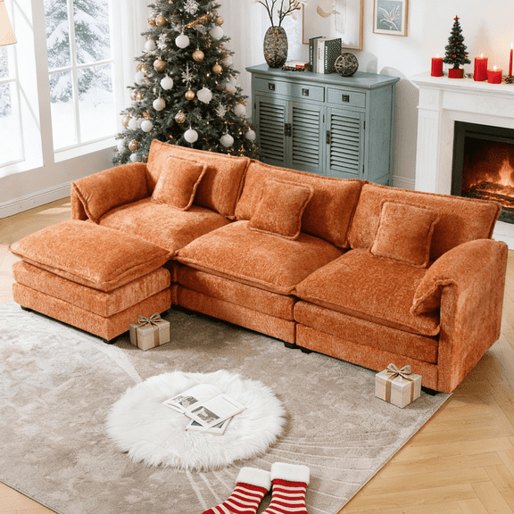 GNIXUU 112" Oversized Sectional Sofa Cloud Couch for Living Room, Modern Chenille L Shaped Couch, Comfy Boucle Modular Sofa Sleeper with Moveable Ottoman & Memory Foam (Orange)