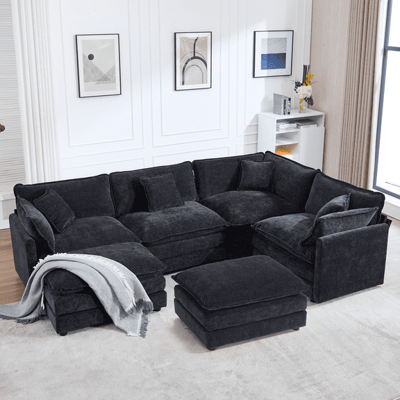 GNIXUU 113.4 " U-Shaped Cloud Couch ,Oversized Sectional Sofa with 2 Ottomans,Modern Chenille Deep Seat Modular 6-Seater Corner Couches for Living Room, Office,Black