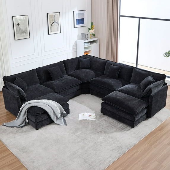 GNIXUU 113.4 " U-Shaped Cloud Couch ,Oversized Sectional Sofa with 2 Ottomans,Modern Chenille Deep Seat Modular 7-Seater Corner Couches for Living Room, Office,Black