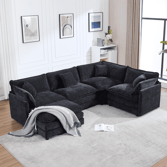 GNIXUU 113.4 " U-Shaped Cloud Couch ,Oversized Sectional Sofa with Ottomans,Modern Chenille Deep Seat Modular 5-Seater Corner Couches for Living Room, Office,Black