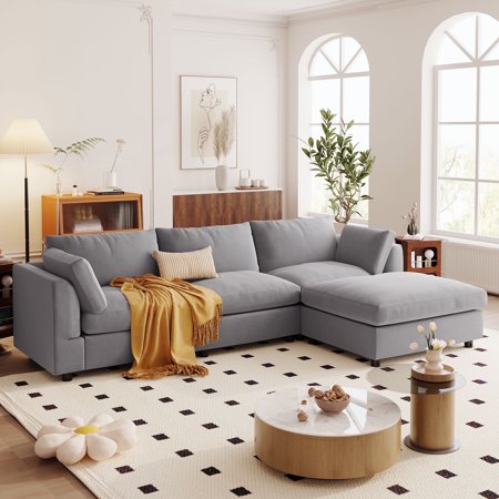 GNIXUU 113" Oversized L Shaped Sectional Sofa Couch, Modern Cloud Sectional Couch Set with Ottoman, Comfy Upholstered Modular Sofa Sleeper for Living Room, Apartment(Gray)