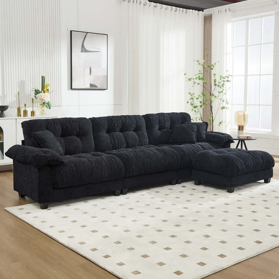 GNIXUU 123.6 " Cloud Sectional Couches,Modern Convertible Modular Chenille L-Shape Couch with Ottoman,Comfy 3 Seater Sleeper Sofa for Living Room Apartment,Office,Black
