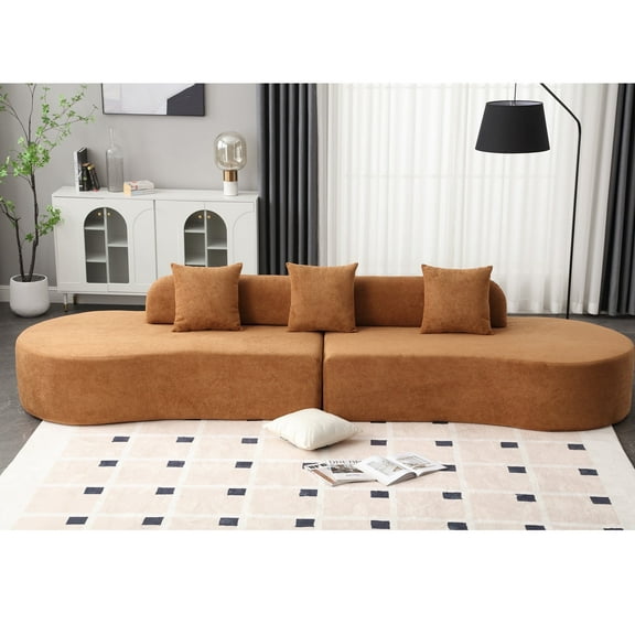 GNIXUU 130" Modern Combination Sectional Sofa Couch,4 Seater Curved Cloud Couch with 3 Pillows,Terrycloth Fabric Sofa Set for Living room,Apartment,Brown
