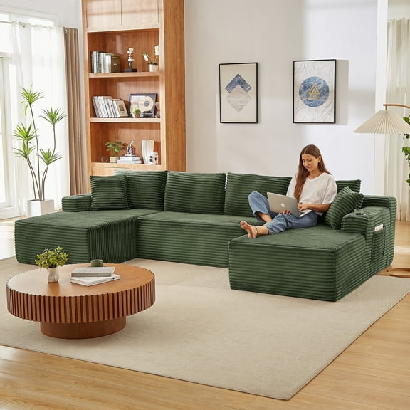 GNIXUU 133.5" Oversized Modular Sectional Sofa , Built-in Cup Holder & Storage Pocket, Corduroy U-Shaped Boneless Deep Seat Couch 6 Seater Convertible Couch for Living Room,Green