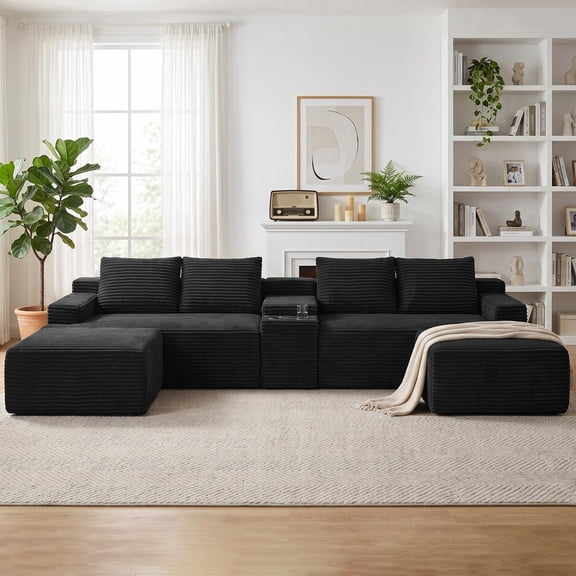 GNIXUU 140.6" U-Shaped Cloud Sectional Couch Modular Sofa, Modern Comfy Oversized Boneless Couches for Living Room, Corduroy Sofas Set with Ottoman Storage Console,Black