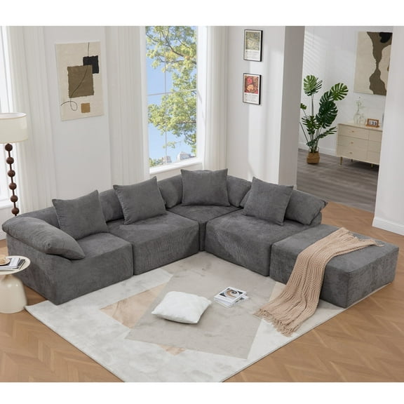 GNIXUU 142.0" Oversized L-Shaped Couch, Modular Sectional Sofa, 5-Seater Comfy Cloud Convertible Sleeper with Ottoman, Modern Deep Seat Couches for Living Room and Office, Chenille,Gray
