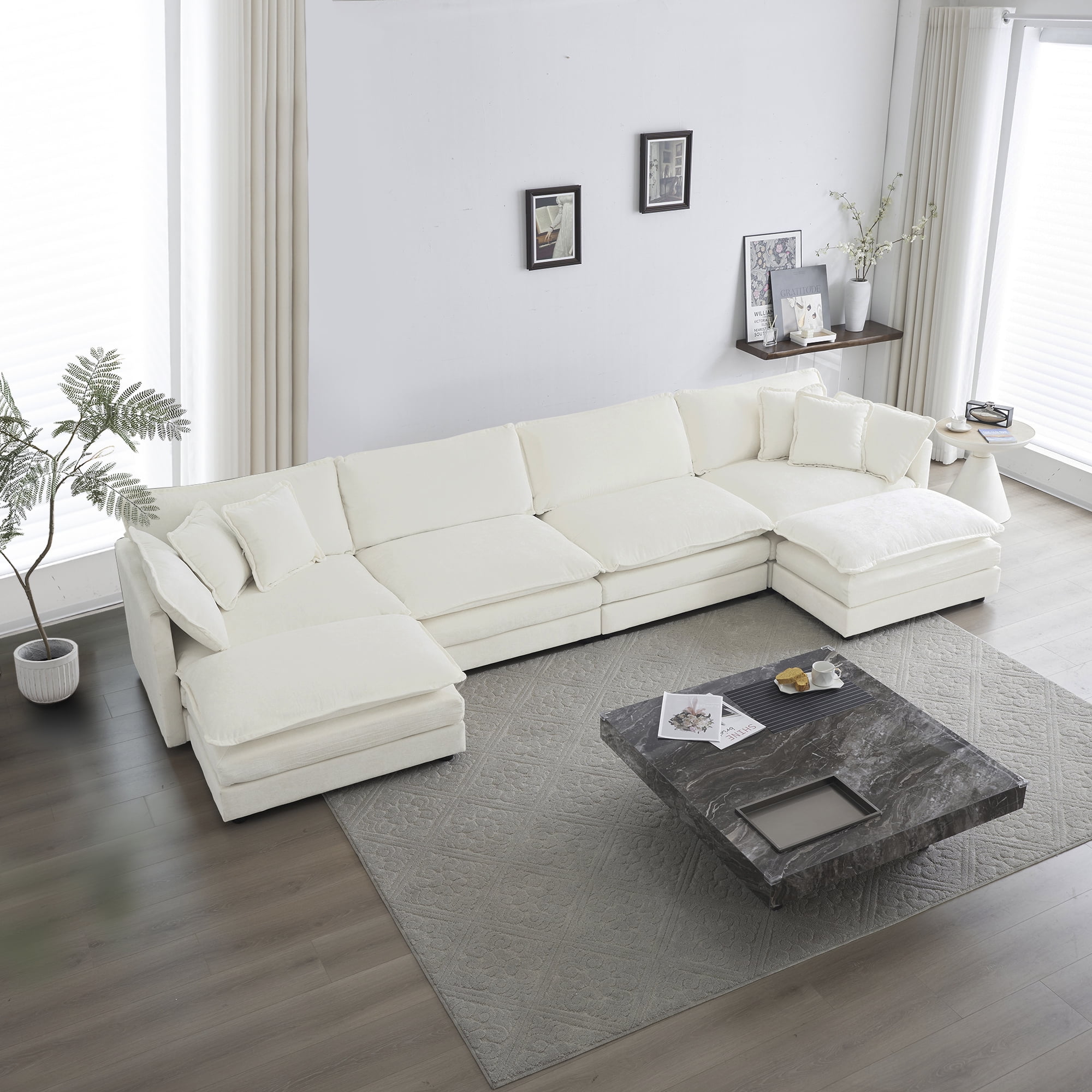 GNIXUU Black Cloud Couch Oversized Modular Sectional - 7 Seater U-Shaped Chenille Sofa In Camel