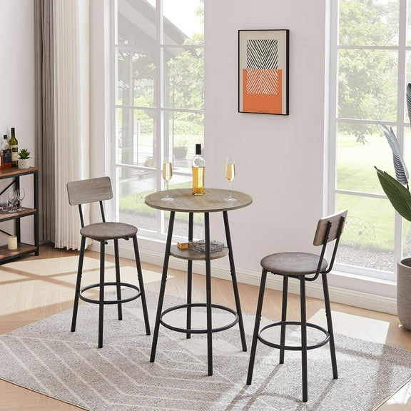GNIXUU 3 Piece Bar Table and Chair Set, Modern Round Bistro Coffe Table & PU Upholstered Stools with Backrest, High Top Pub Set for Kitchen Dining Room,Gray