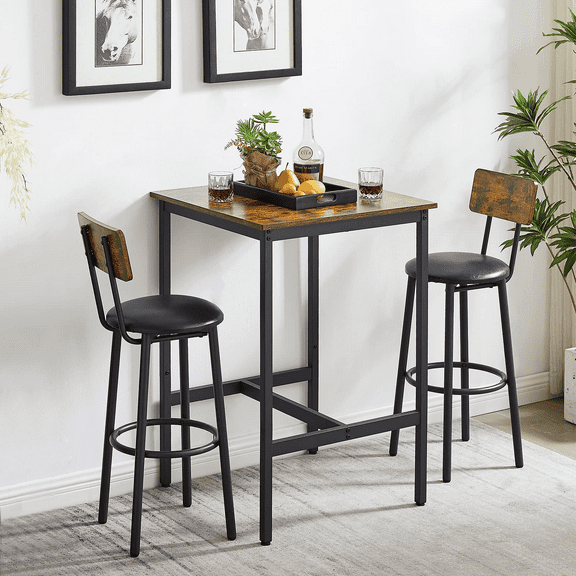 GNIXUU 3 Piece Bar Table and Chairs Set,Modern Square Pub Bistro Tables and Upholstered Stools with Backrest,Counter Height Dining Table Set for Home Kitchen Small Space, Rustic Brown
