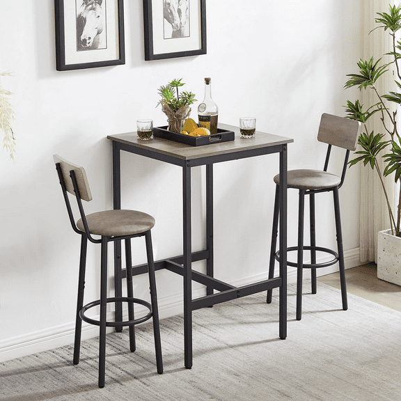GNIXUU 3 Piece Bar Table and Chairs Set,Modern Square Pub Bistro Tables and Upholstered Stools with Backrest,Counter Height Dining Table Set for Home Kitchen Small Space,Gray