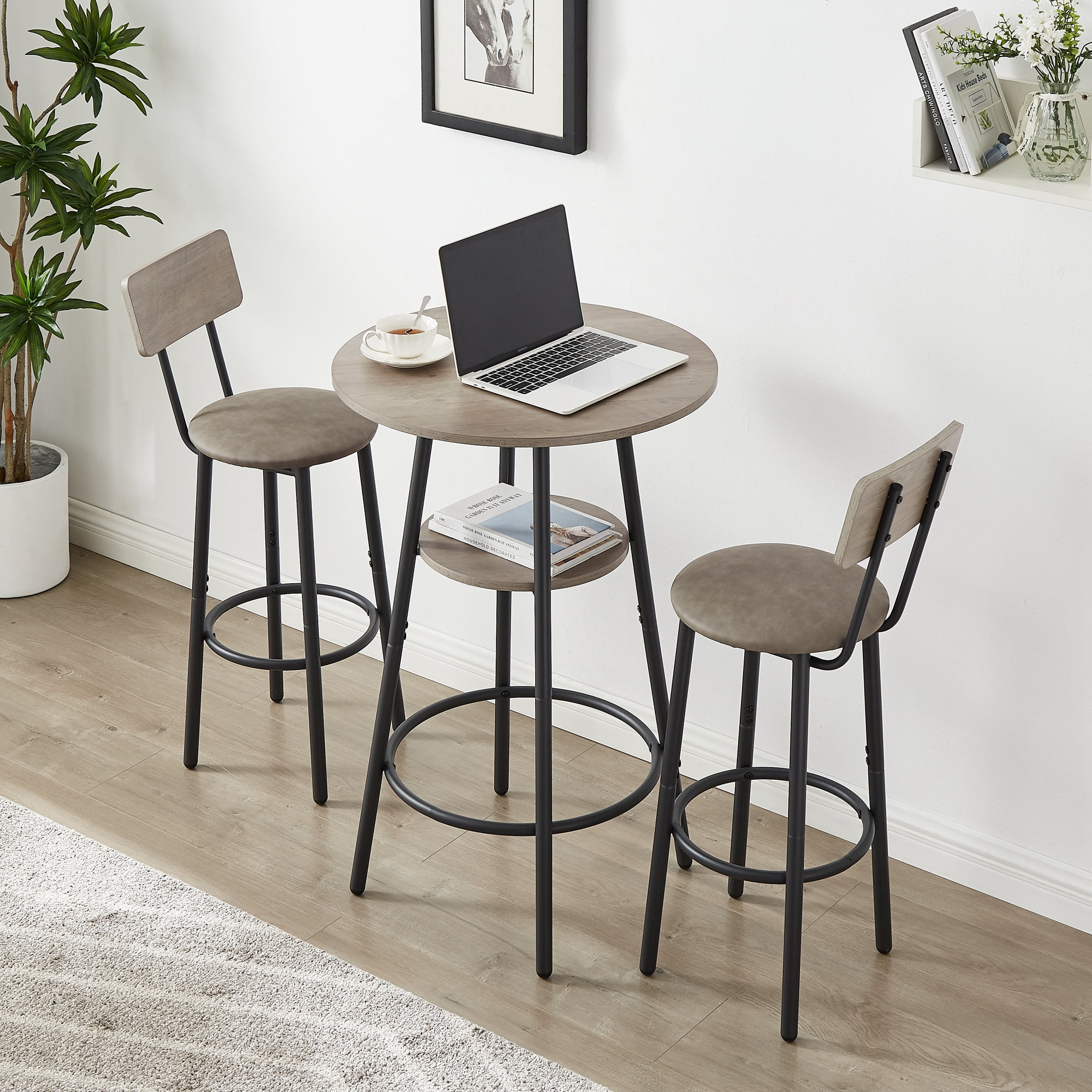 Gray Round Pub Table Set with 2 Cushioned Stools