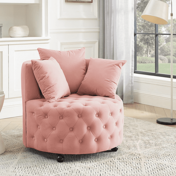 GNIXUU 30” Swivel Barrel Accent Chair, Mid-Century Velvet Round Sofa Chairs with 3 Pillows and Wheels,Modern Comfy Tufted Club Lounge for Living Room, Bedroom,Office,Pink