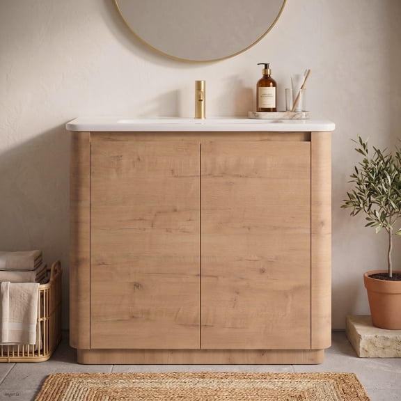 GNIXUU 36" Bathroom Vanity with Ceramic Single Sink, Bathroom Storage Cabinet with Soft-Closing Doors, Adjustable Shelf & Curved Edge for Bathroom Restroom, Oak