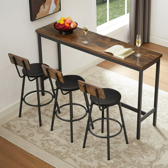 GNIXUU 4 Piece Long Bar Table and Chairs Set, Industrial Counter Height Dining Tables Set with Sofa Table and 3 Upholstered Stools with backrest for Breakfast Nook Living Room,Brown