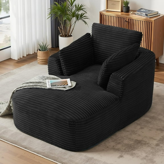 GNIXUU 45"W Boneless Chair Lounge Indoor,Reading Chaise with Deep Seat,Modern Corduroy Cloud Couch, Comfy Sleeper Chairs Single Floor Sofa for Living Room,Bedroom,Apartment,Office,Black