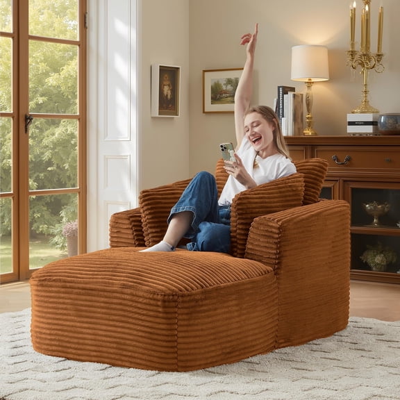 GNIXUU 45"W Boneless Chair Lounge Indoor,Reading Chaise with Deep Seat,Modern Corduroy Cloud Couch, Comfy Sleeper Chairs Single Floor Sofa for Living Room,Bedroom,Apartment,Office,Orange