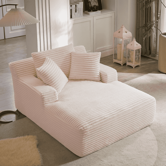GNIXUU 49.2"W Oversized Chaise Lounge Chair Indoor, Boneless Sofa Upholstered Sleeper Couch with 3 Throw Pillows and Armrests, Comfy Corduroy Plush Chairs Bed for Living Room,Pink