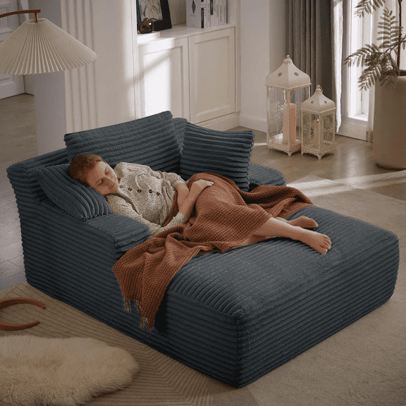 GNIXUU 49.2"W Oversized Chaise Lounge Chair Indoor, Boneless Sofa Upholstered Sleeper Couch with 3 Throw Pillows and Armrests, Comfy Corduroy Plush Chairs Bed for Living Room,Drak Gray
