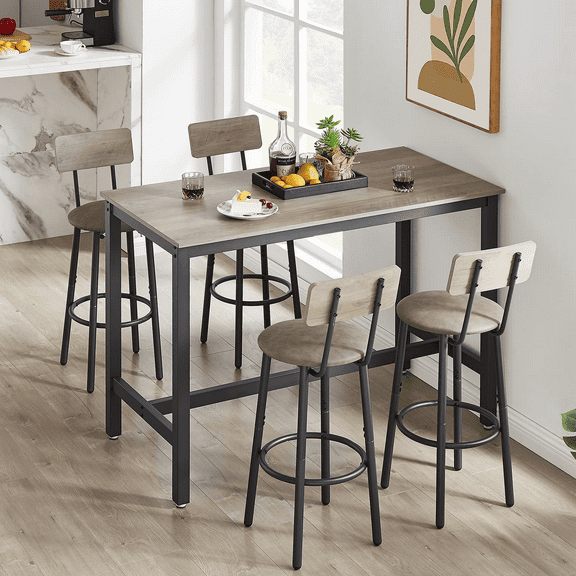 GNIXUU 5 Piece Long Bar Table and Chairs Set, Industrial Counter Height Pub Table and 4 PU Soft Stools with Backrest, High Kitchen Breakfast Tables Set for Restaurant, Dining Room,Gray